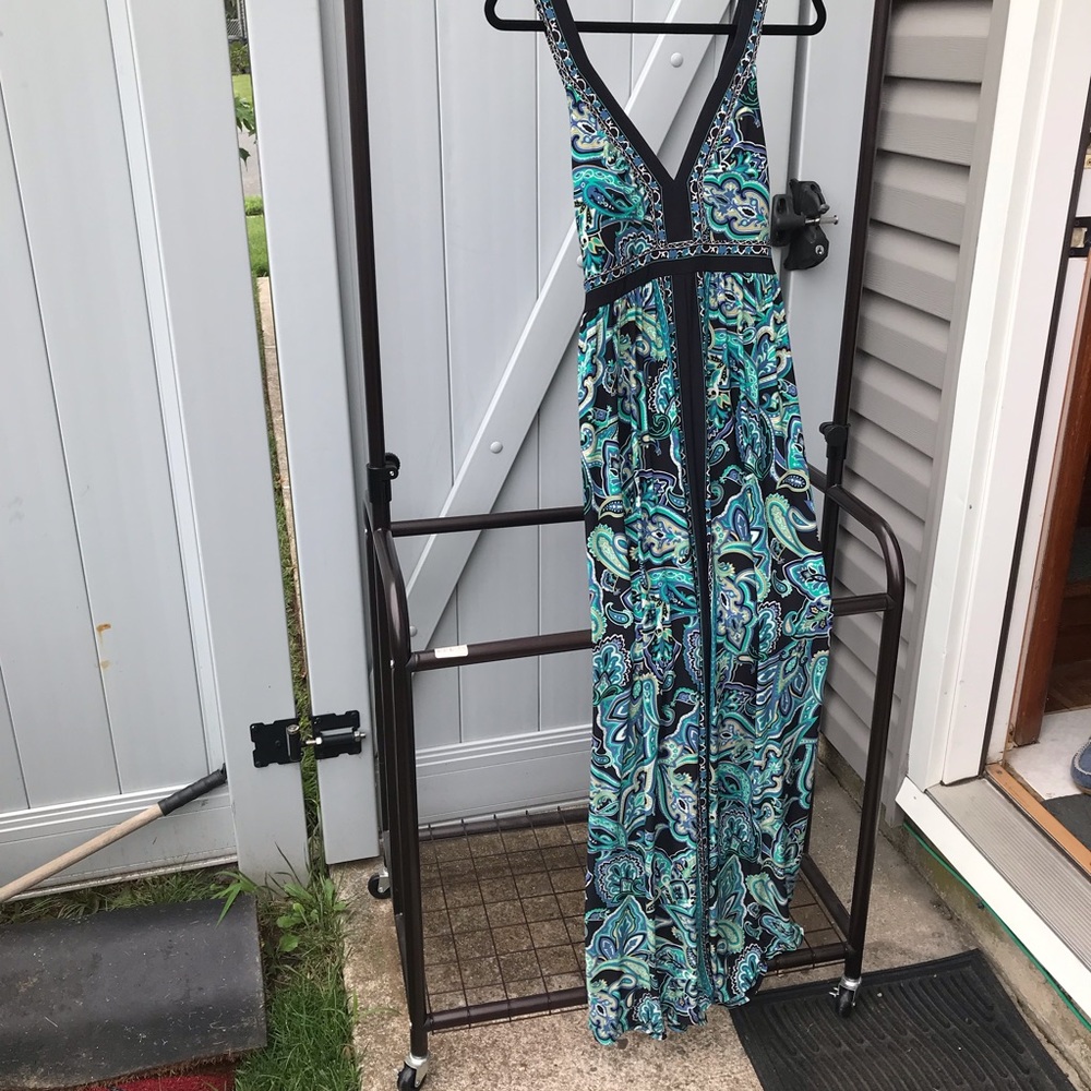 INC Black/Teal/multi colored maxi dress size Large